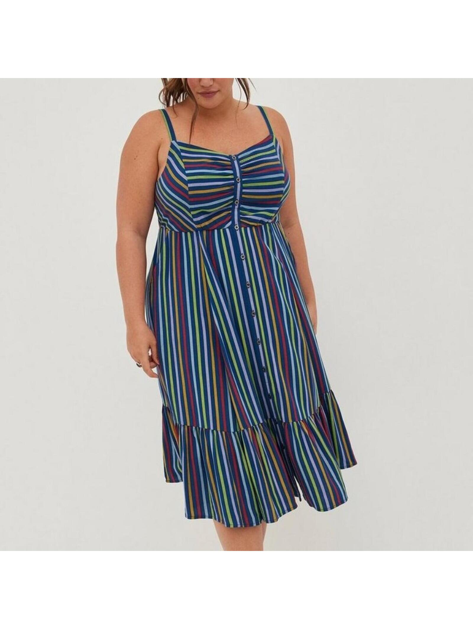 Torrid Midi Dress 0 Large 12 Sleeveless Pockets Sweetheart Neck Rainbow Stipes